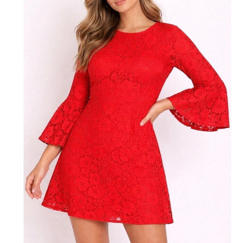 Lulu's watermelon red Lace Dress fit & Flare with trumpet sleeves SZ LG
